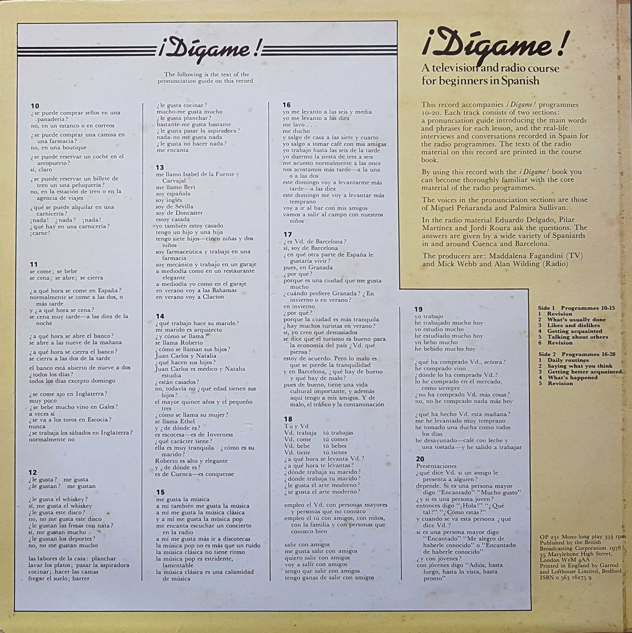 Picture of OP 231 Digame ! 2 - A television and radio course for beginners in Spanish - Programmes 10 - 20 by artist Various from the BBC records and Tapes library